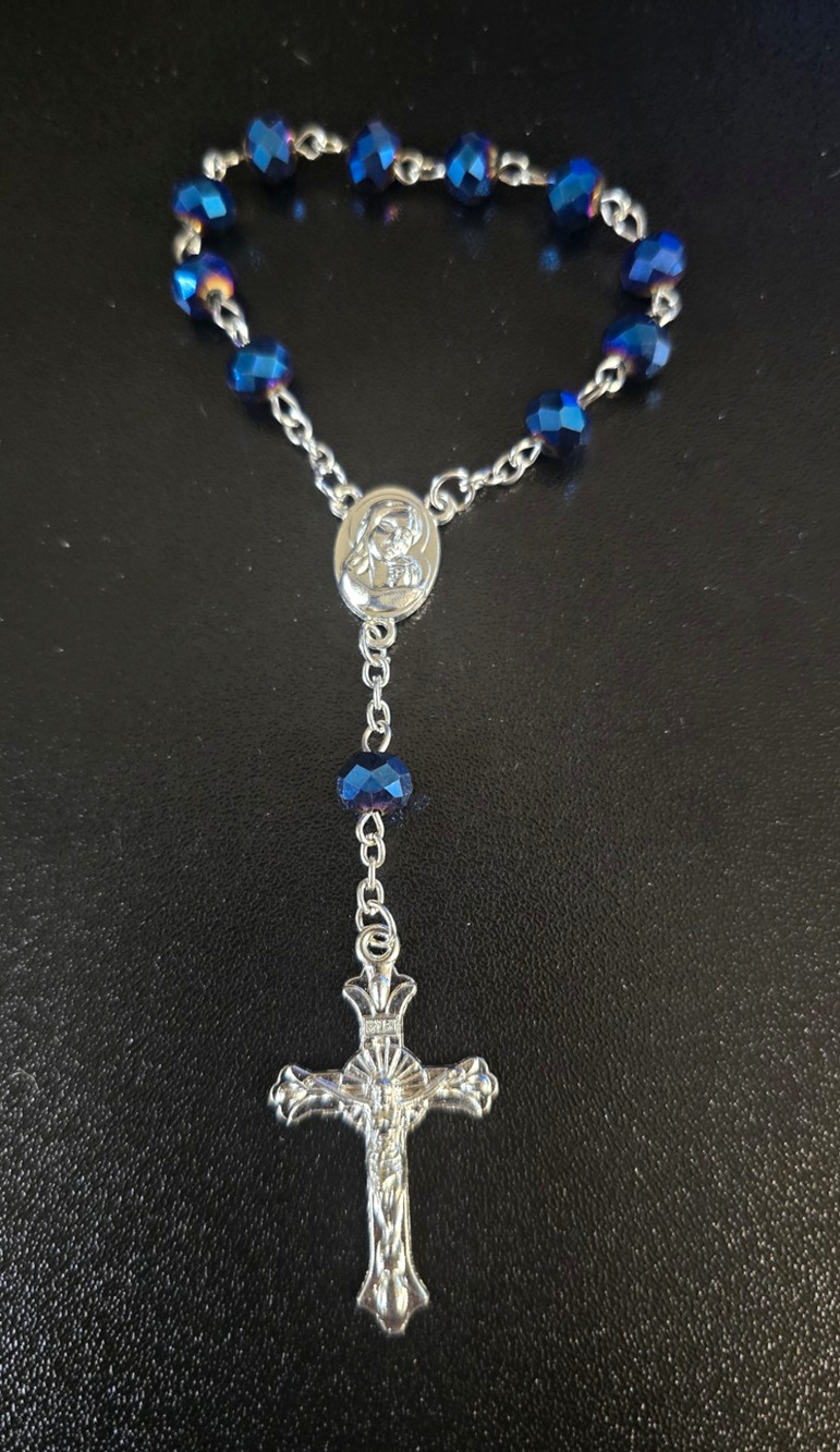 Christian Rosary Blue Glass Beads Silver Tone Metal Crucifix Religious Medallion